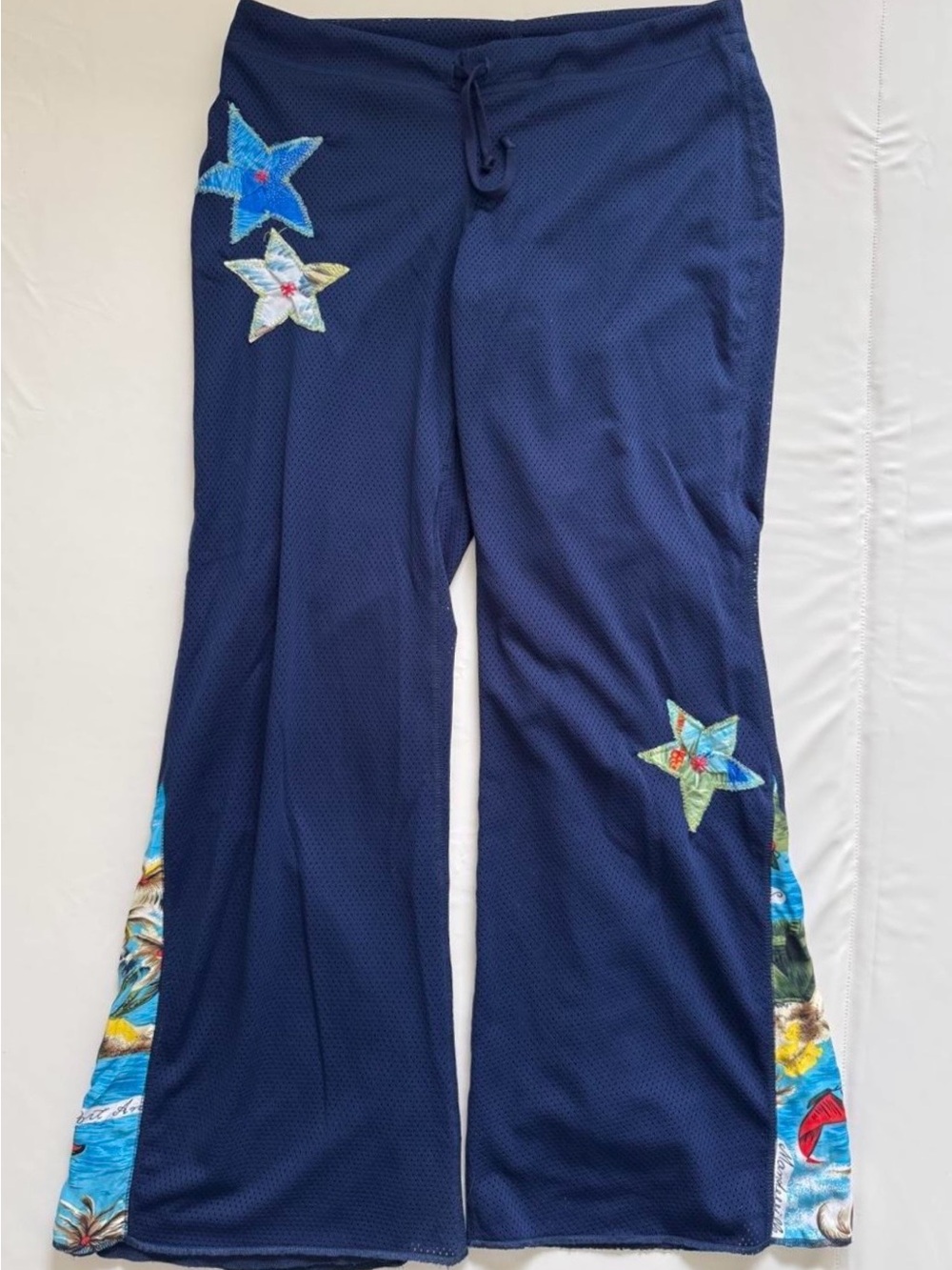 NEW Y2K deadstock Riley mesh jersey flare sweatpants with Hawaiian shirt patches